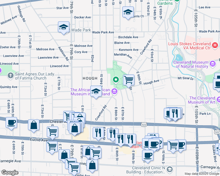 map of restaurants, bars, coffee shops, grocery stores, and more near 8555 Hough Avenue in Cleveland