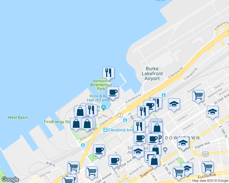 map of restaurants, bars, coffee shops, grocery stores, and more near 1058 East 9th Street in Cleveland