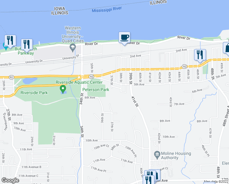 map of restaurants, bars, coffee shops, grocery stores, and more near 534 37th Street in Moline