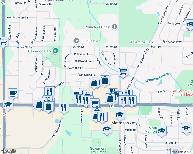 map of restaurants, bars, coffee shops, grocery stores, and more near 4131 Applewood Lane in Matteson