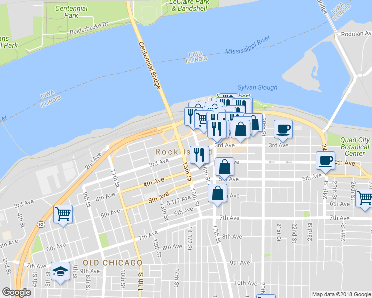 map of restaurants, bars, coffee shops, grocery stores, and more near 217 15th Street in Rock Island