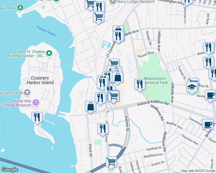 map of restaurants, bars, coffee shops, grocery stores, and more near 199 Connell Highway in Newport