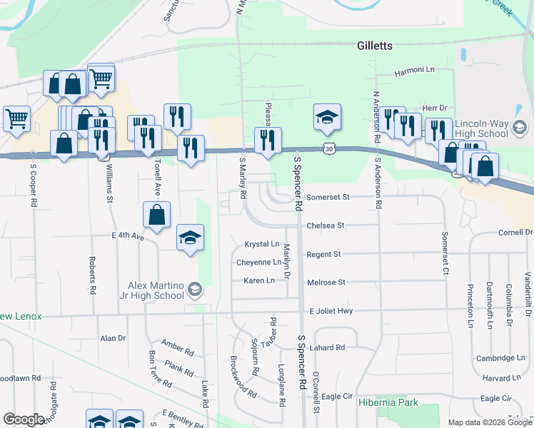map of restaurants, bars, coffee shops, grocery stores, and more near 522 South Marley Road in New Lenox