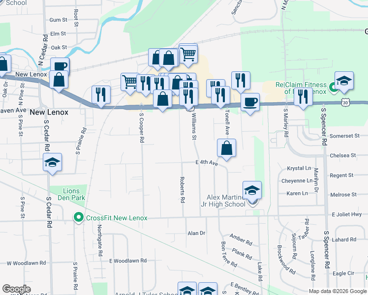 map of restaurants, bars, coffee shops, grocery stores, and more near 136 Roberts Road in New Lenox