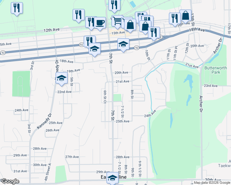 map of restaurants, bars, coffee shops, grocery stores, and more near 2134 7th Street in East Moline