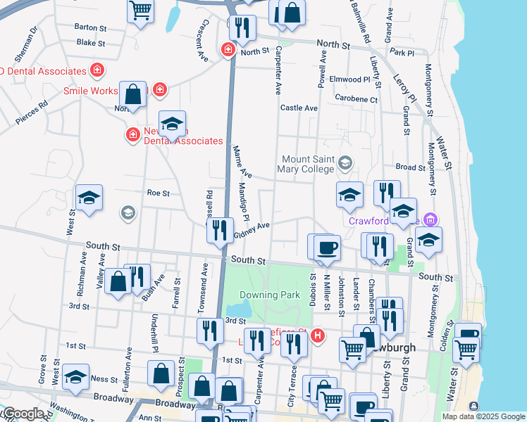 map of restaurants, bars, coffee shops, grocery stores, and more near 16 Hudson View Terrace in Newburgh