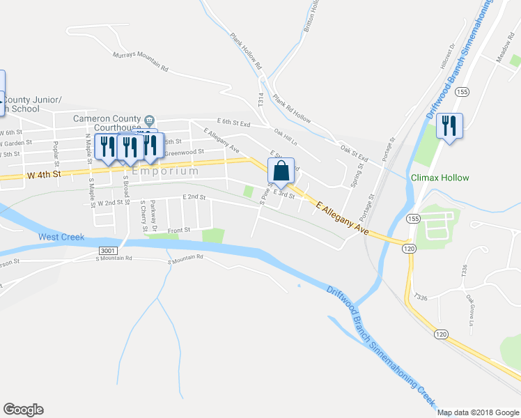 map of restaurants, bars, coffee shops, grocery stores, and more near 98 South Pine Street in Emporium