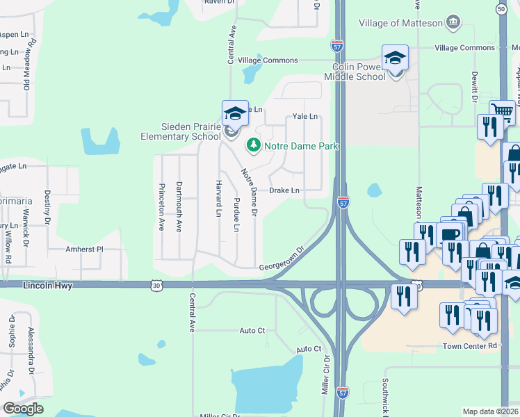 map of restaurants, bars, coffee shops, grocery stores, and more near in Matteson