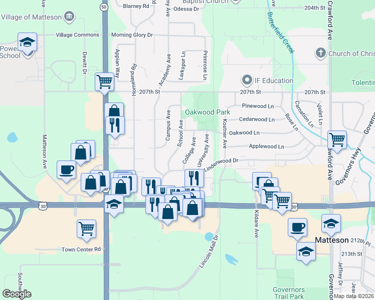 map of restaurants, bars, coffee shops, grocery stores, and more near 913 School Avenue in Matteson