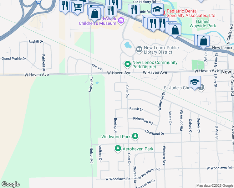 map of restaurants, bars, coffee shops, grocery stores, and more near 812 Lear Court in New Lenox