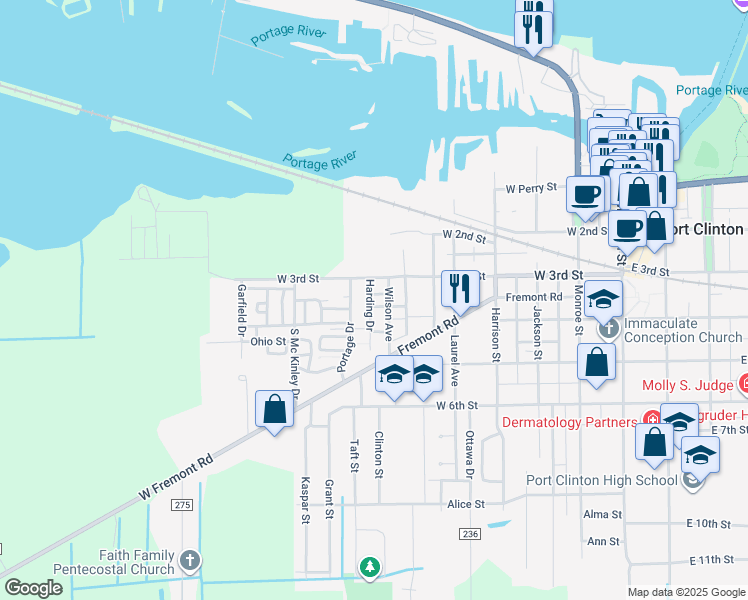 map of restaurants, bars, coffee shops, grocery stores, and more near 320 Wilson Avenue in Port Clinton