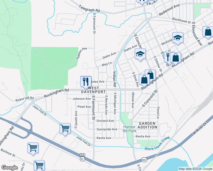 map of restaurants, bars, coffee shops, grocery stores, and more near 848 South Nevada Avenue in Davenport