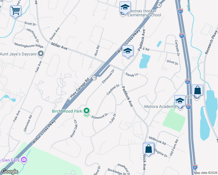 map of restaurants, bars, coffee shops, grocery stores, and more near 45 Cardinal Drive in Meriden