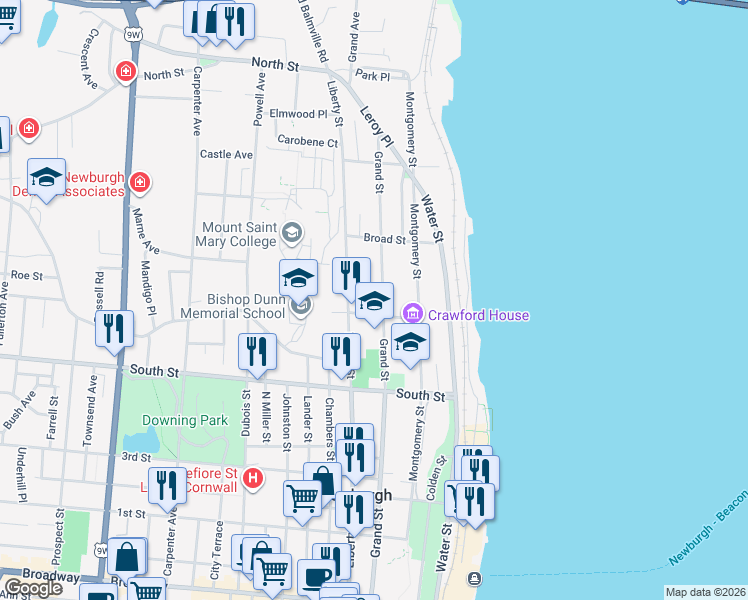 map of restaurants, bars, coffee shops, grocery stores, and more near 84 Clinton Street in Newburgh