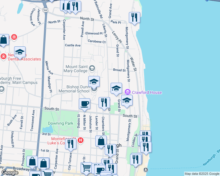 map of restaurants, bars, coffee shops, grocery stores, and more near 84 Clinton Street in Newburgh