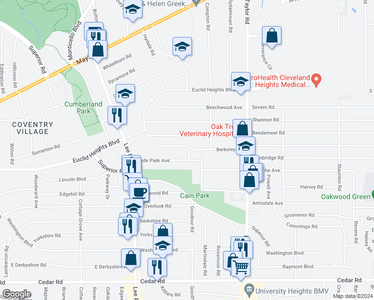 map of restaurants, bars, coffee shops, grocery stores, and more near 3321 Hyde Park Avenue in Cleveland Heights
