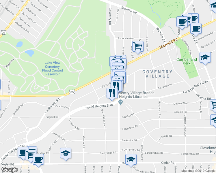 map of restaurants, bars, coffee shops, grocery stores, and more near 2734 Hampshire Road in Cleveland Heights