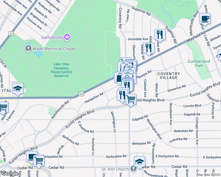 map of restaurants, bars, coffee shops, grocery stores, and more near 2734 Hampshire Road in Cleveland Heights