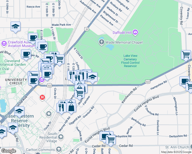 map of restaurants, bars, coffee shops, grocery stores, and more near 1968 East 126th Street in Cleveland