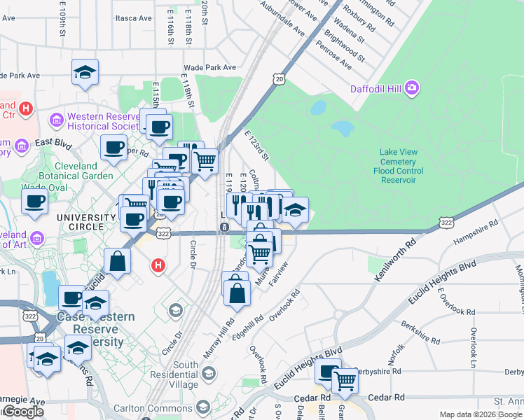 map of restaurants, bars, coffee shops, grocery stores, and more near in Cleveland