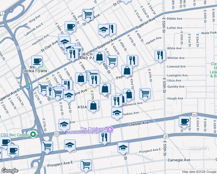 map of restaurants, bars, coffee shops, grocery stores, and more near 1719 East 39th Street in Cleveland