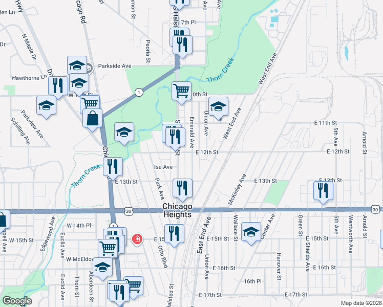 map of restaurants, bars, coffee shops, grocery stores, and more near 1204 Emerald Avenue in Chicago Heights