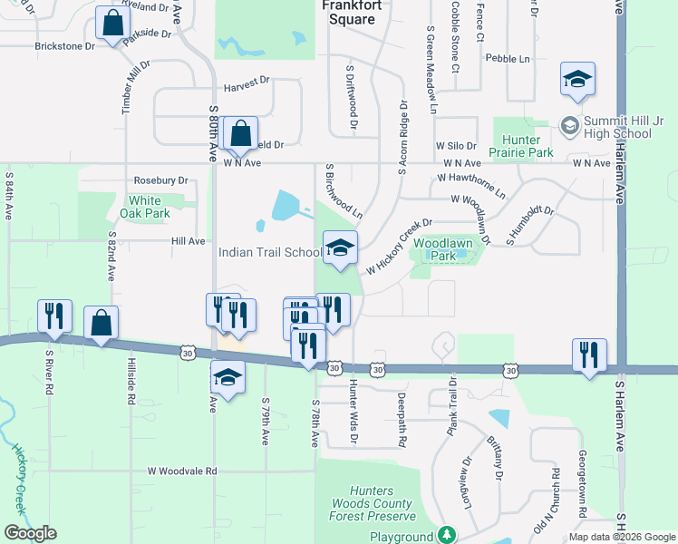 map of restaurants, bars, coffee shops, grocery stores, and more near 20912 South Frankfort Square Road in Frankfort