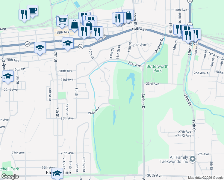 map of restaurants, bars, coffee shops, grocery stores, and more near 2208 10th Street in East Moline