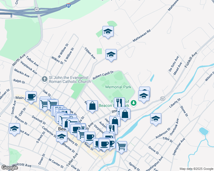 map of restaurants, bars, coffee shops, grocery stores, and more near 1 Wilkes Street in Beacon