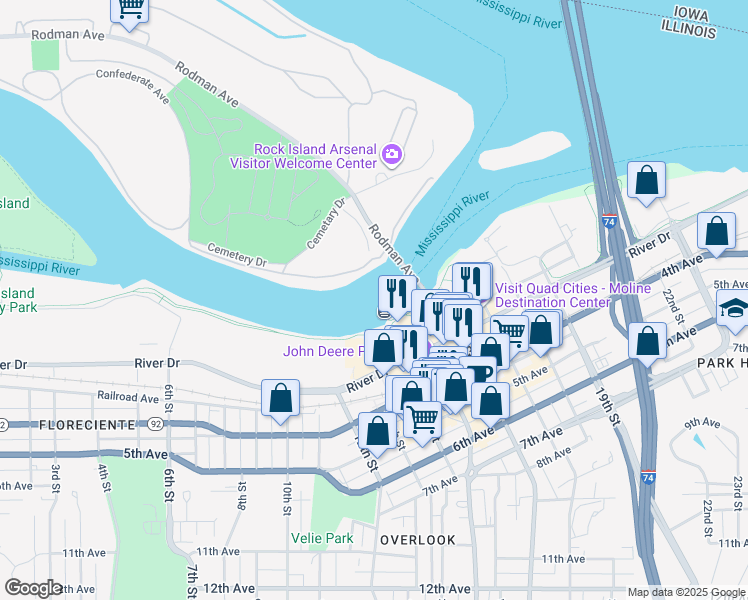 map of restaurants, bars, coffee shops, grocery stores, and more near in Moline
