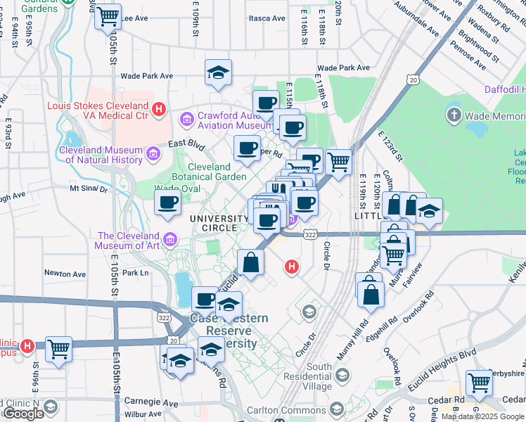 map of restaurants, bars, coffee shops, grocery stores, and more near 1961 Ford Drive in Cleveland