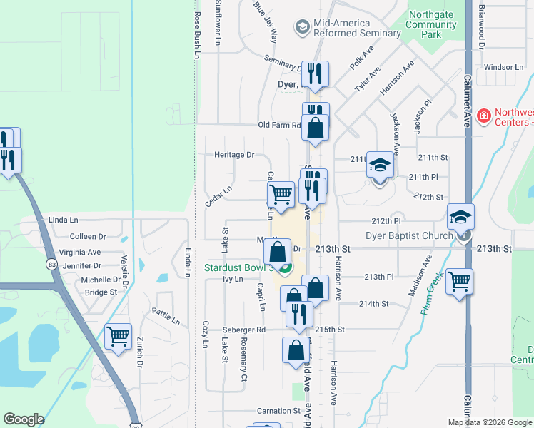map of restaurants, bars, coffee shops, grocery stores, and more near 127 Potomac Drive in Dyer