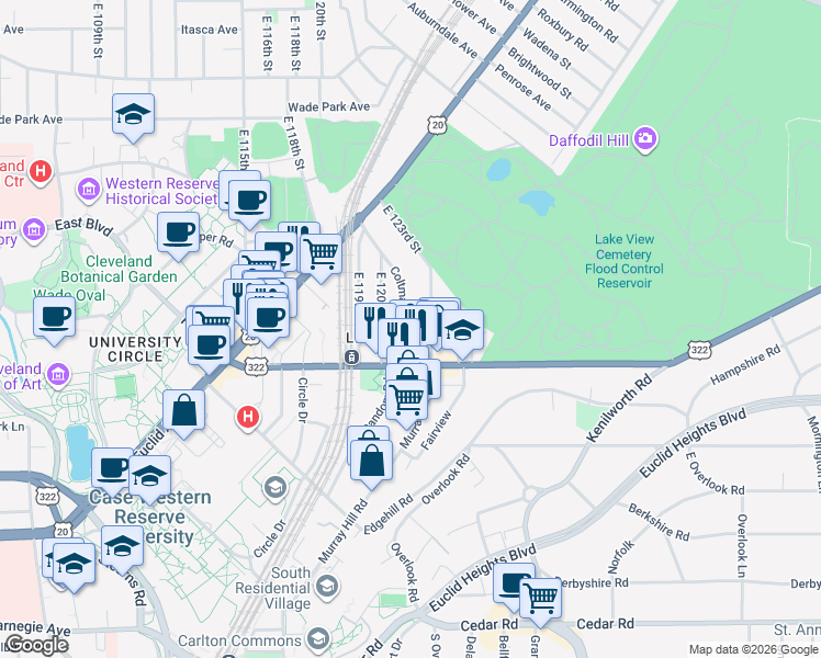 map of restaurants, bars, coffee shops, grocery stores, and more near in Cleveland