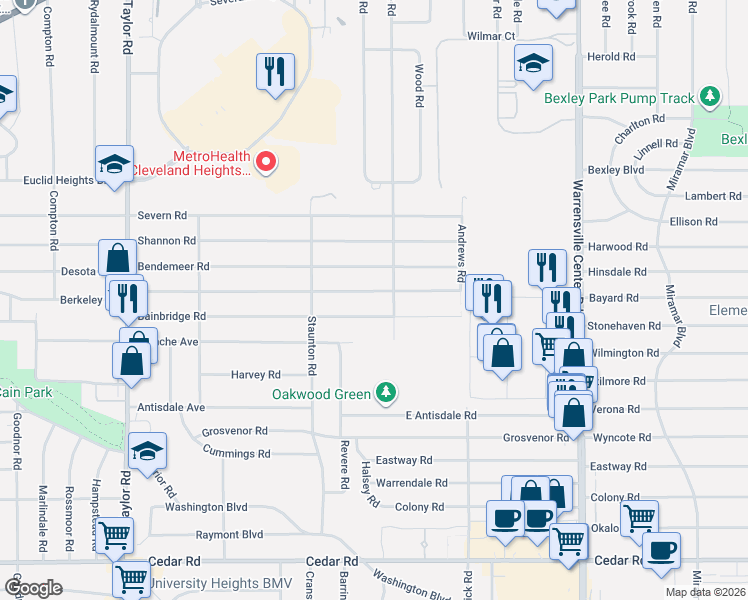 map of restaurants, bars, coffee shops, grocery stores, and more near 3769 Bainbridge Road in Cleveland Heights