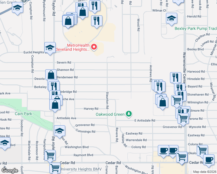 map of restaurants, bars, coffee shops, grocery stores, and more near 3687 Bainbridge Road in Cleveland Heights