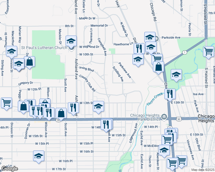map of restaurants, bars, coffee shops, grocery stores, and more near 1156 Campbell Avenue in Chicago Heights