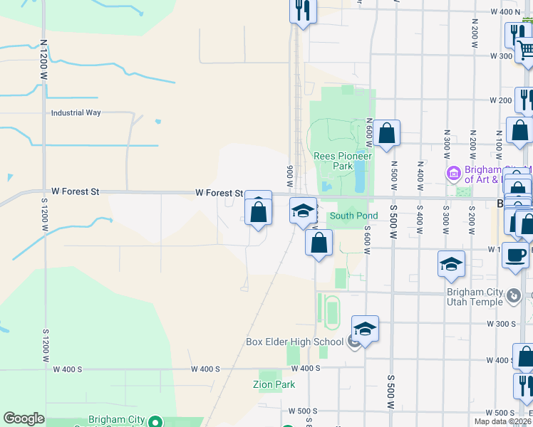 map of restaurants, bars, coffee shops, grocery stores, and more near 38 South 950 West in Brigham City
