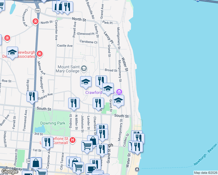 map of restaurants, bars, coffee shops, grocery stores, and more near 84 Clinton Street in Newburgh