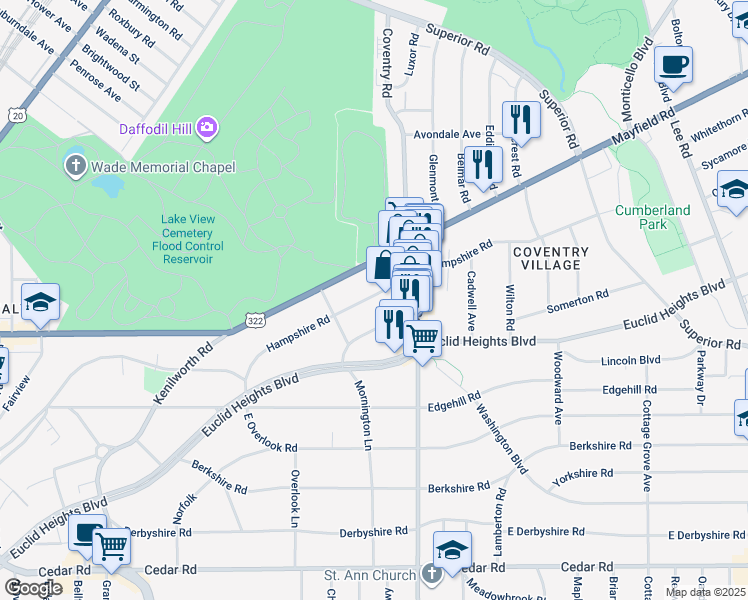map of restaurants, bars, coffee shops, grocery stores, and more near 2742 Hampshire Road in Cleveland Heights