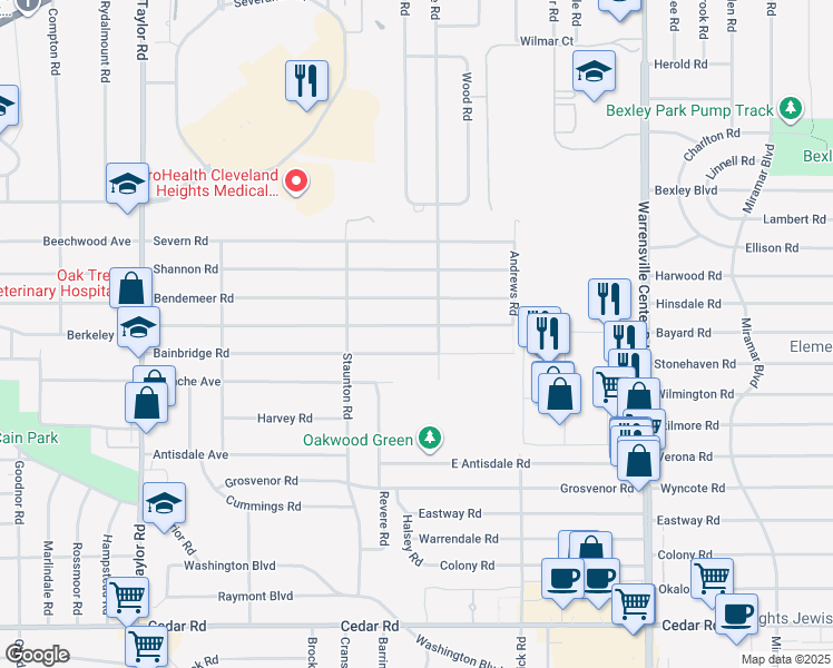 map of restaurants, bars, coffee shops, grocery stores, and more near 3769 Bainbridge Road in Cleveland Heights