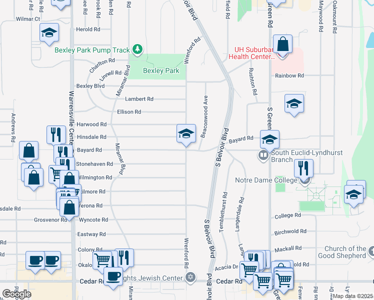 map of restaurants, bars, coffee shops, grocery stores, and more near 4300 Bayard Road in South Euclid