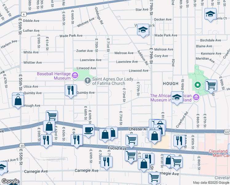 map of restaurants, bars, coffee shops, grocery stores, and more near 1651 East 71st Street in Cleveland