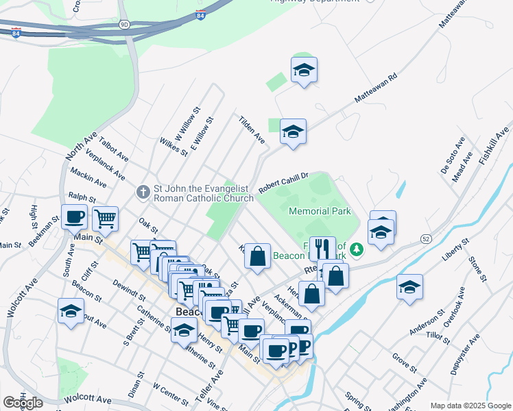 map of restaurants, bars, coffee shops, grocery stores, and more near 92 Wilkes Street in Beacon