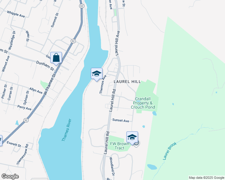 map of restaurants, bars, coffee shops, grocery stores, and more near 412 Laurel Hill Avenue in Norwich