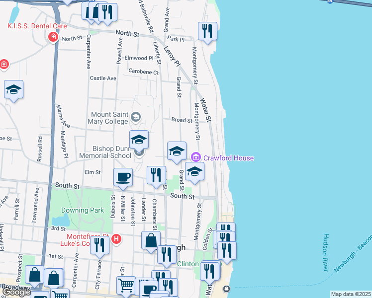 map of restaurants, bars, coffee shops, grocery stores, and more near 64 Clinton Street in Newburgh