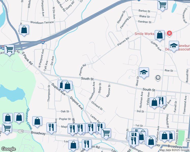 map of restaurants, bars, coffee shops, grocery stores, and more near 648 South Street in Newburgh