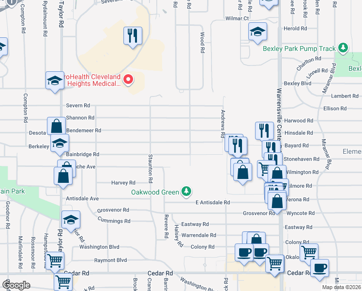 map of restaurants, bars, coffee shops, grocery stores, and more near 3769 Bainbridge Road in Cleveland Heights