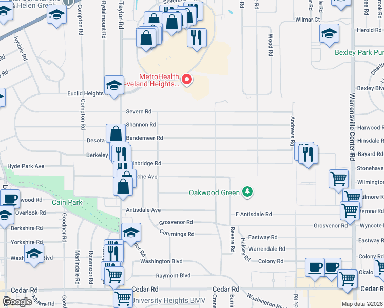 map of restaurants, bars, coffee shops, grocery stores, and more near 3607 Bainbridge Road in Cleveland Heights