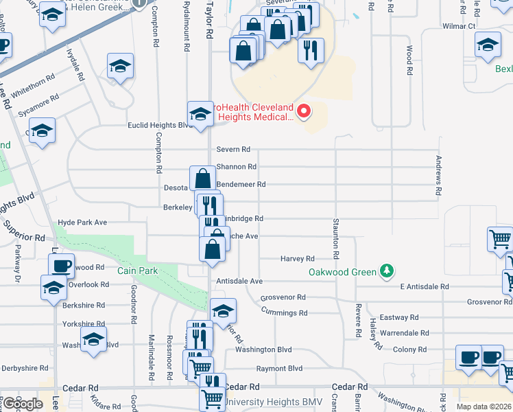 map of restaurants, bars, coffee shops, grocery stores, and more near 3521 Bainbridge Road in Cleveland Heights