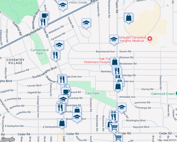 map of restaurants, bars, coffee shops, grocery stores, and more near 3321 Hyde Park Avenue in Cleveland Heights
